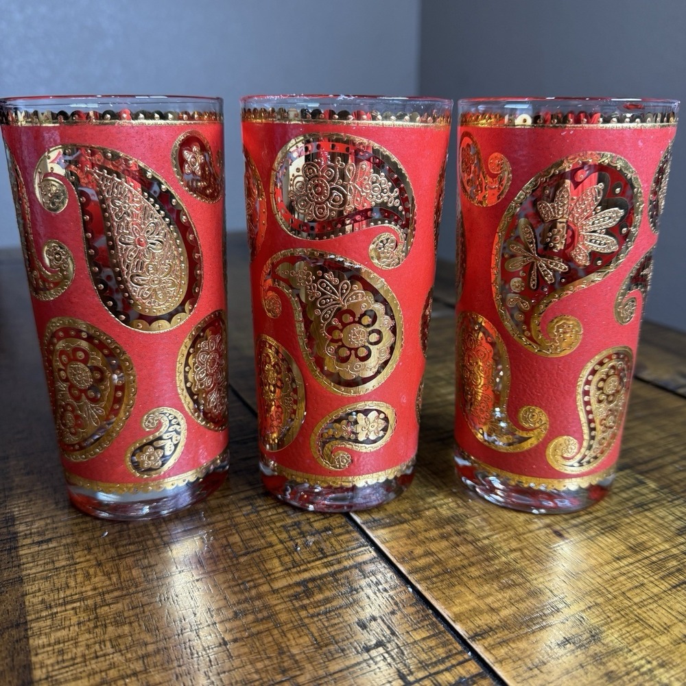 3 Culver Mid Century Modern Red and 22kt Gold Paisley High Ball Glasses‎